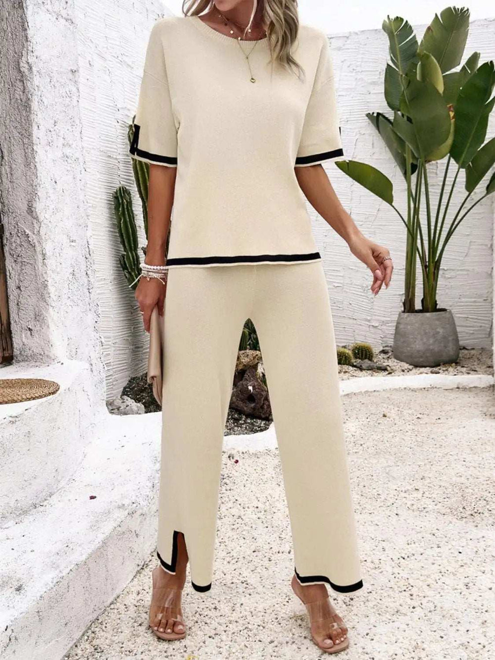 Contrast Trim Round Neck Top and Pants Set - Trendsi - Flyclothing LLC