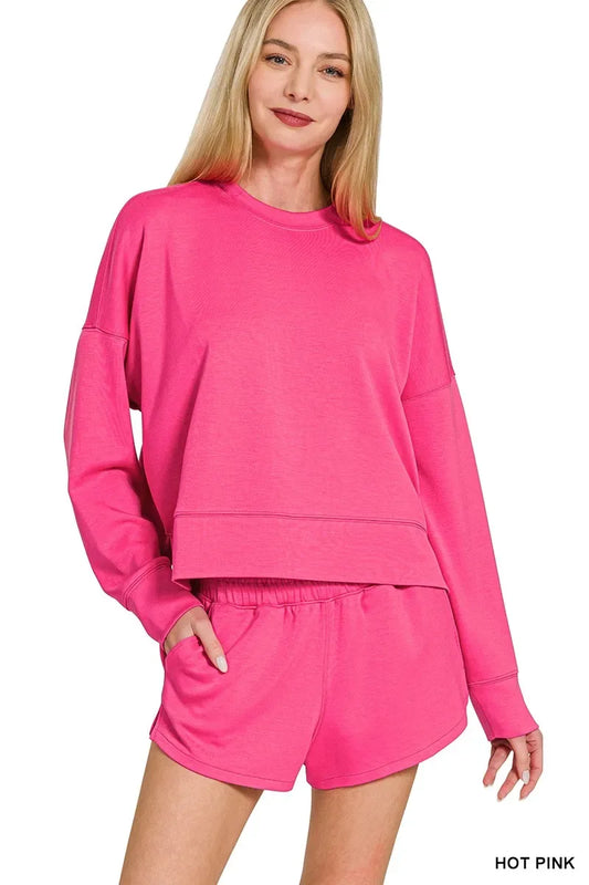Zenana Scuba Long Sleeve Sweatshirts & Shorts Set - Trendsi - Flyclothing LLC