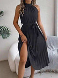 Pleated Tie Waist Sleeveless Midi Dress - Trendsi - Flyclothing LLC