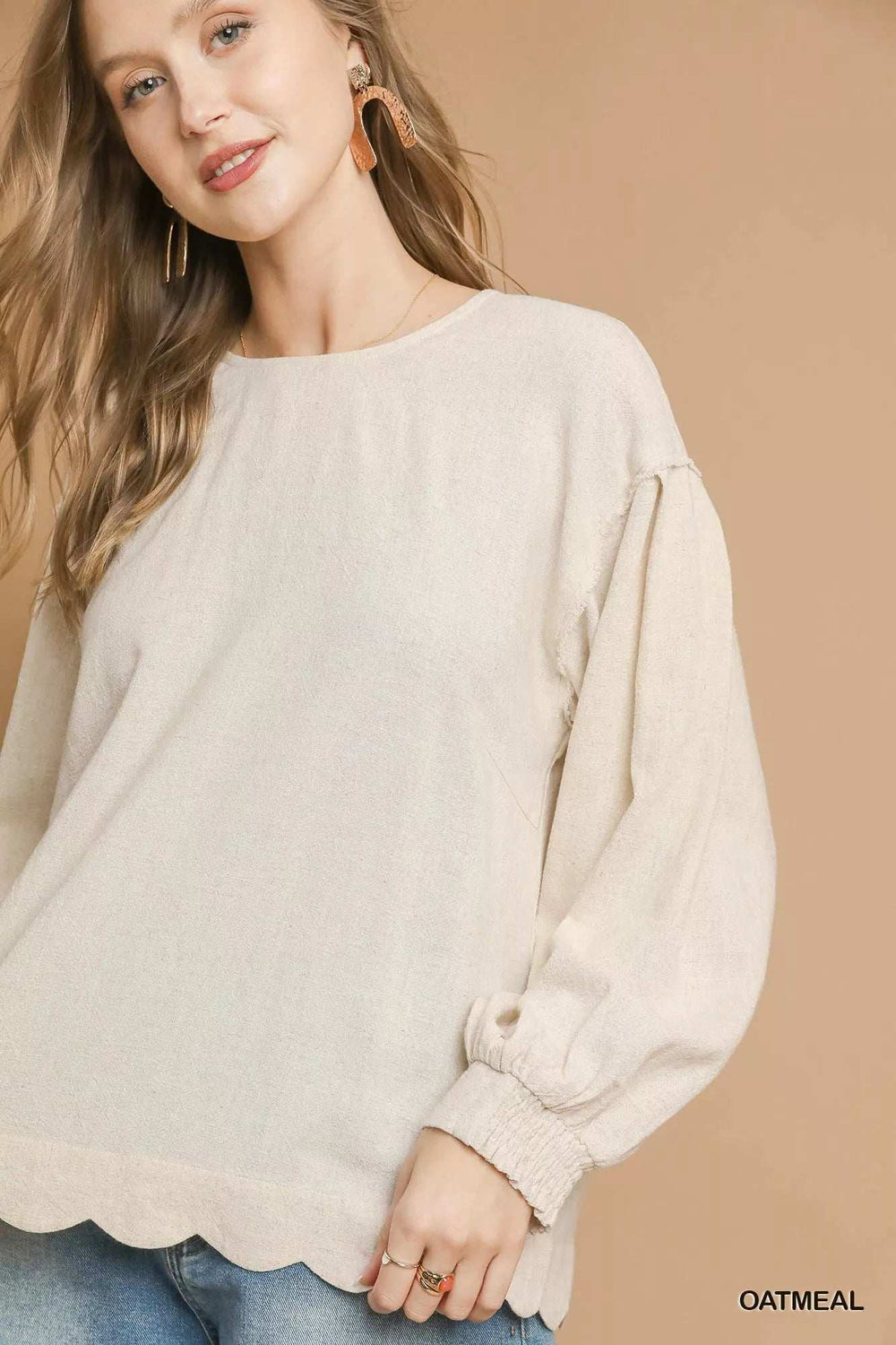Umgee Linen Scallop Hem Long Sleeve Blouse - Trendsi - Flyclothing LLC