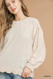 Umgee Linen Scallop Hem Long Sleeve Blouse - Trendsi - Flyclothing LLC