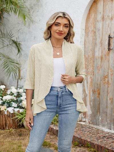 Eyelet Open Front Three-Quarter Sleeve Top - Trendsi - Flyclothing LLC