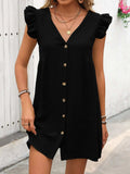 Button Up V-Neck Cap Sleeve Mini Dress - Trendsi - Flyclothing LLC