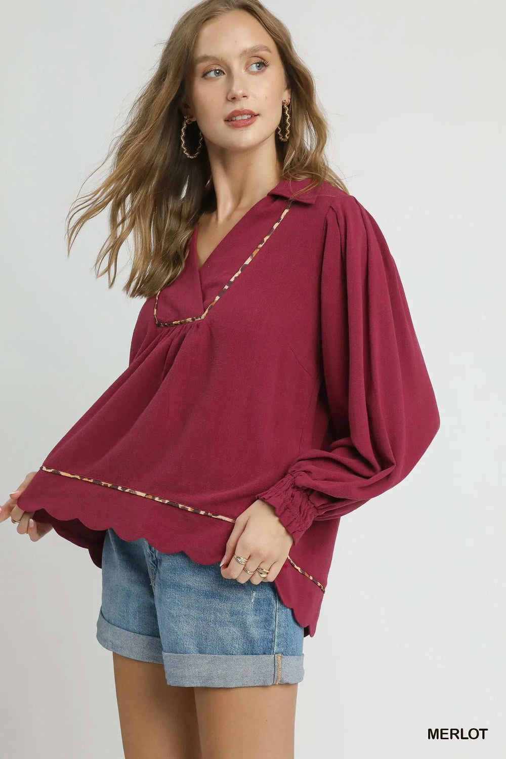 Umgee Full Size Linen Scallop Hem Blouse with Contrast Trim Plus Size - Trendsi - Flyclothing LLC