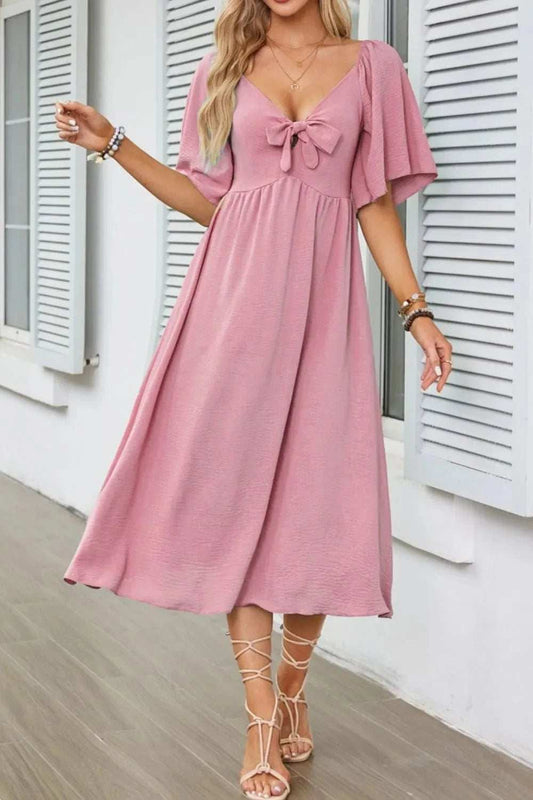 Smocked Tie Front Flutter Sleeve Midi Dress - Trendsi - Flyclothing LLC