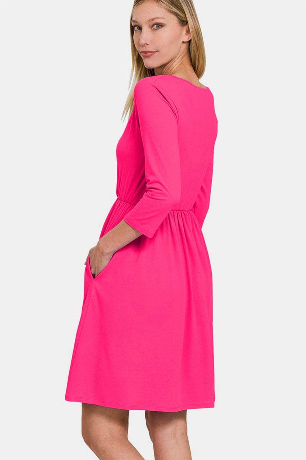 Zenana Three-Quarter Sleeve Surplice Dress with Pockets - Trendsi - Flyclothing LLC