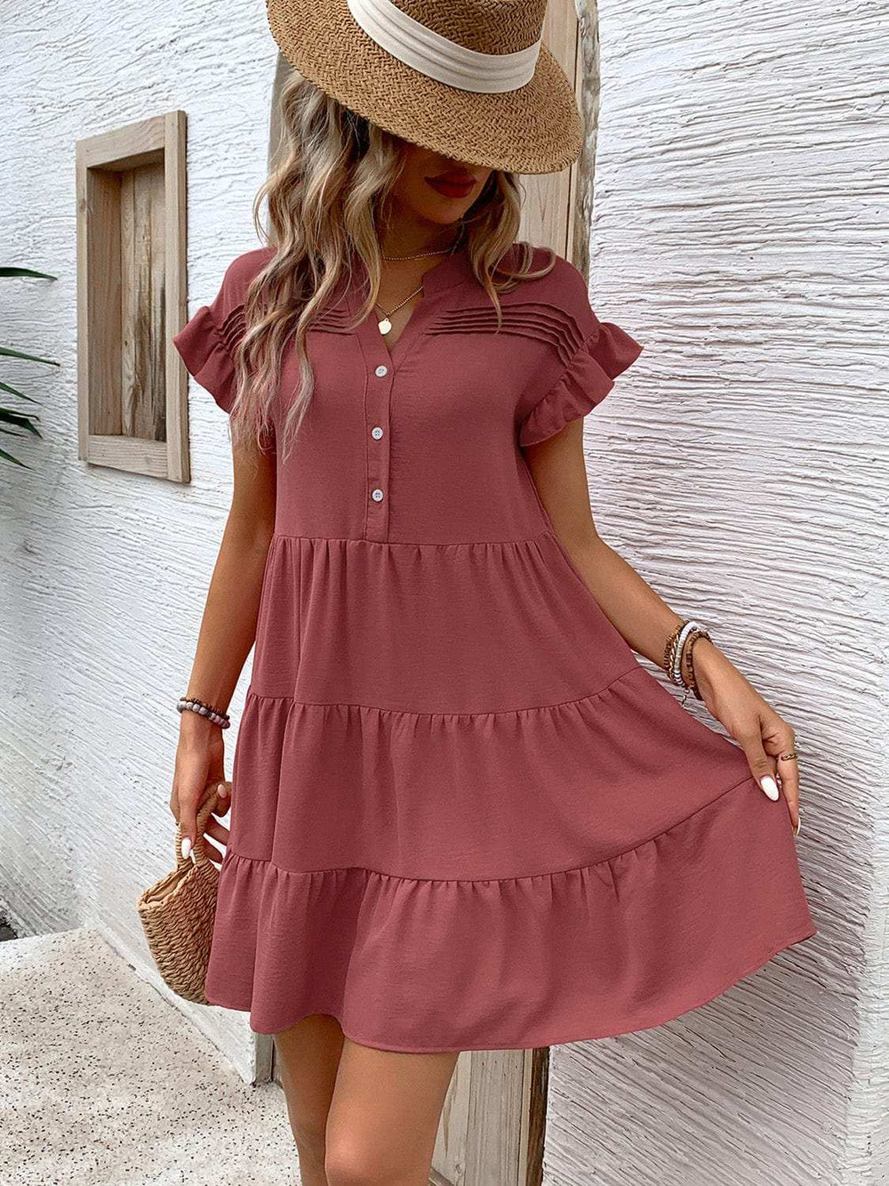 Tiered Notched Flounce Sleeve Mini Dress - Trendsi - Flyclothing LLC