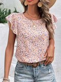 Ditsy Floral Round Neck Cap Sleeve Top - Trendsi - Flyclothing LLC