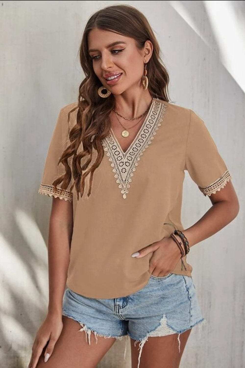 Full Size Lace Detail V-Neck Short Sleeve Blouse - Trendsi - Flyclothing LLC