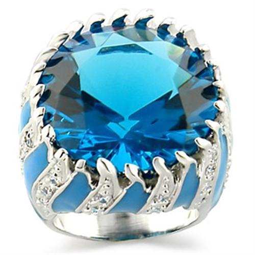 9W189 - Rhodium Brass Ring with Synthetic Synthetic Glass in Sea Blue - Alamode - Flyclothing LLC