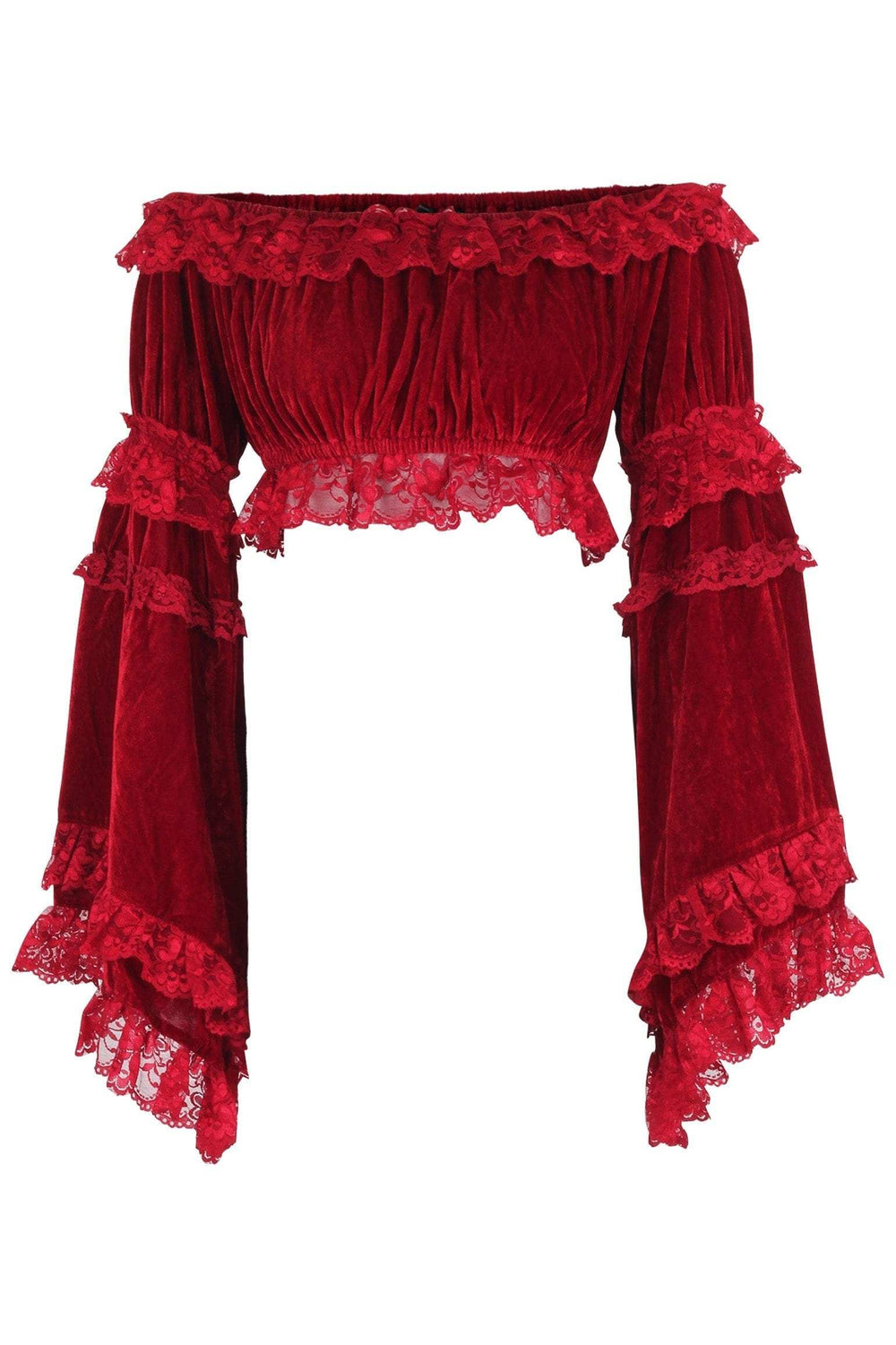 Daisy Corsets Dark Red Velvet Smocked Flare Sleeve Peasant Top - Daisy Corsets - Flyclothing LLC