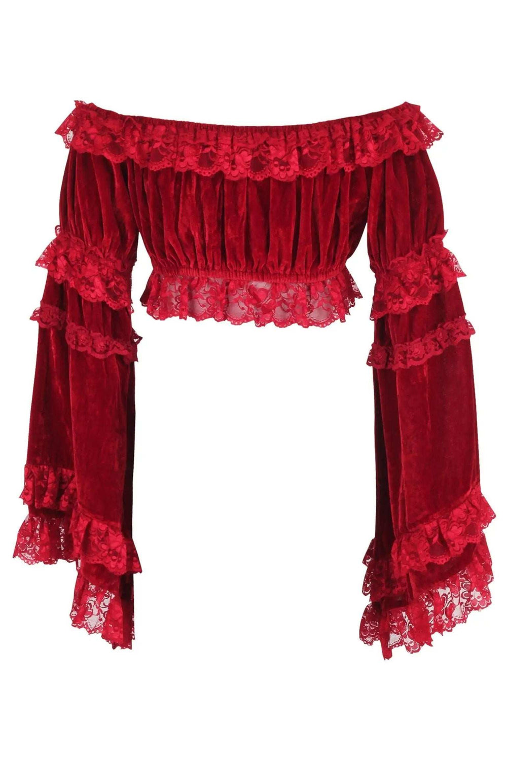 Daisy Corsets Dark Red Velvet Smocked Flare Sleeve Peasant Top - Daisy Corsets - Flyclothing LLC