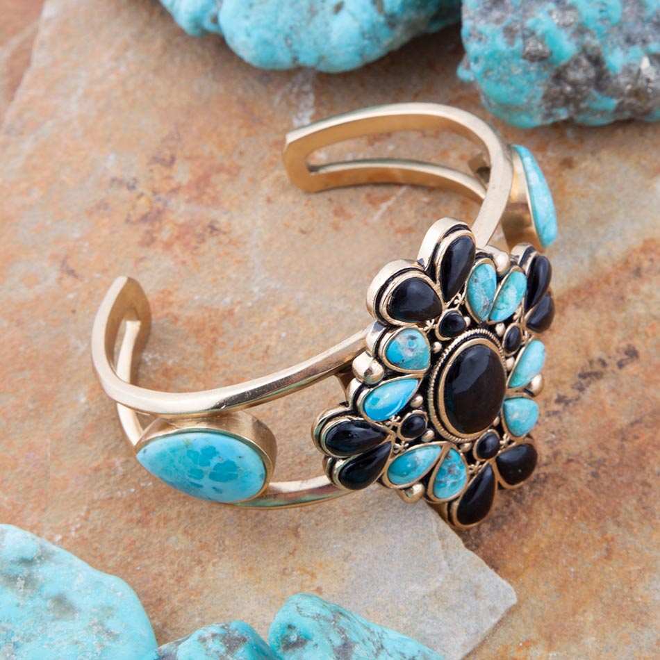 Barcelona Blue Turquoise Black Onyx Golden Cuff Bracelet - Barse Jewelry - Flyclothing LLC