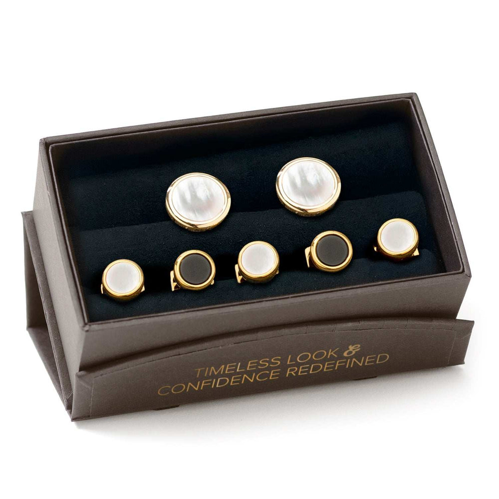 Double Sided Gold Mother of Pearl Round Beveled 5-Stud Set - Cufflinks.com - Flyclothing LLC
