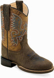 Old West Dark Brown Bull Hide Print Foot Burnt Brown Shaft Youth's Broad Round Toe Boots - Old West - Flyclothing LLC