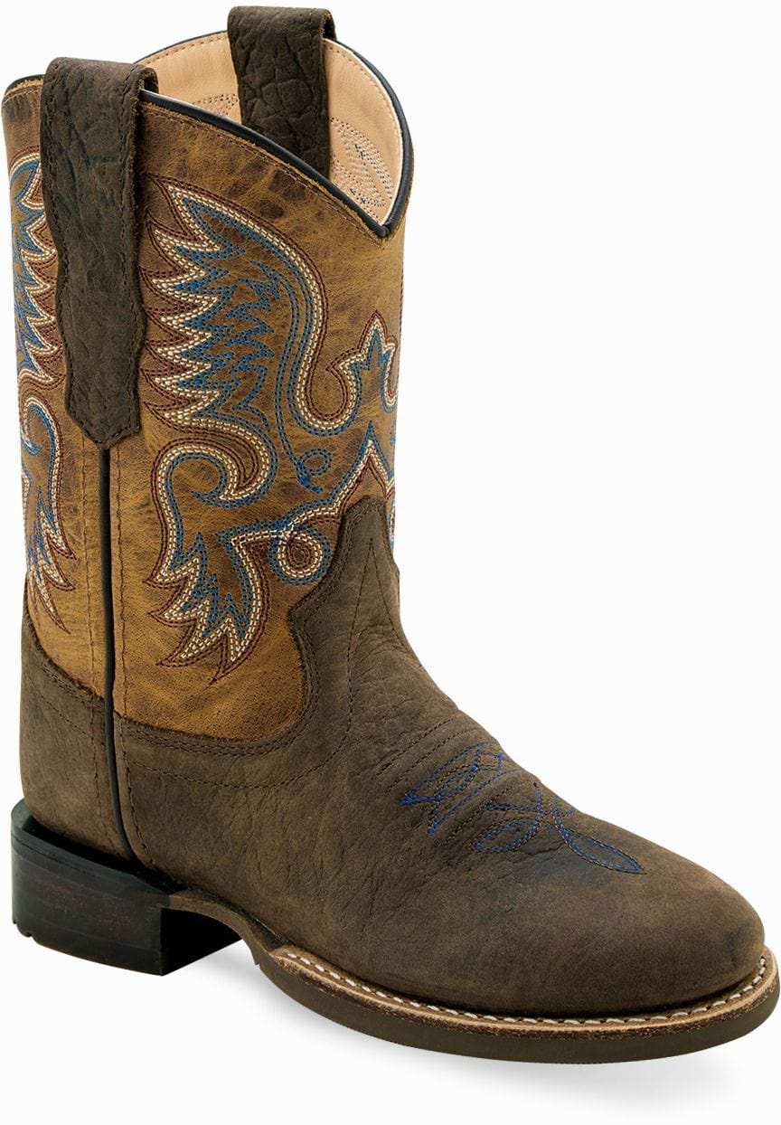 Old West Dark Brown Bull Hide Print Foot Burnt Brown Shaft Children's Broad Round Toe Boots - Old West - Flyclothing LLC