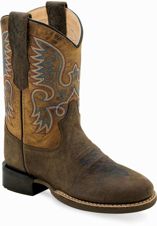 Old West Dark Brown Bull Hide Print Foot Burnt Brown Shaft Children's Broad Round Toe Boots - Old West - Flyclothing LLC