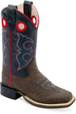 Old West Dark Brown Bull Hide Print Foot Cactus Navy Shaft YOUTH'S BROAD SQUARE TOE BOOTS - Old West - Flyclothing LLC