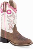 Old West Brown Bull Hide Print Foot White Shaft with Pink Collar Youth's Broad Square Toe Boots - Old West - Flyclothing LLC