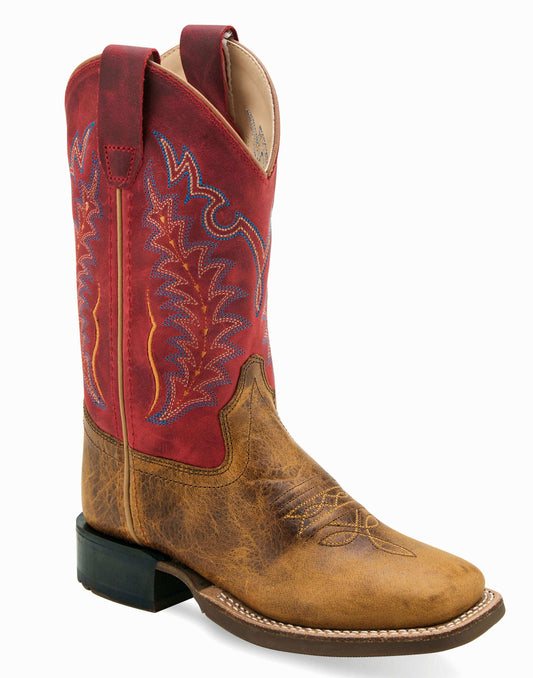 Old West Burnt Brown Foot Cloudy Red Shaft Children's Broad Square Toe Boots - Old West - Flyclothing LLC