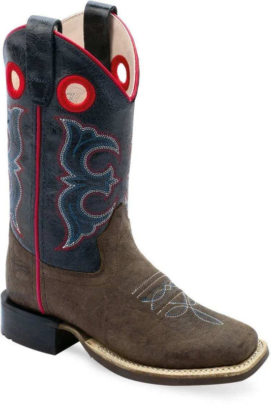 Old West Dark Brown Bull Hide Print Foot Cactus Navy Shaft CHILDREN'S BROAD SQUARE TOE BOOTS - Old West - Flyclothing LLC