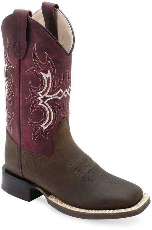 Old West Brown Foot Cloudy Burgundy Shaft CHILDREN'S BROAD SQUARE TOE BOOTS - Old West - Flyclothing LLC