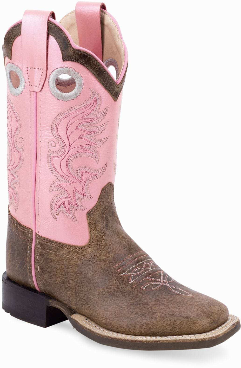 Old West Olive Blister Foot Metallic Pink Shaft with Olive Blister Collar Children's Broad Square Toe Boots - Old West - Flyclothing LLC