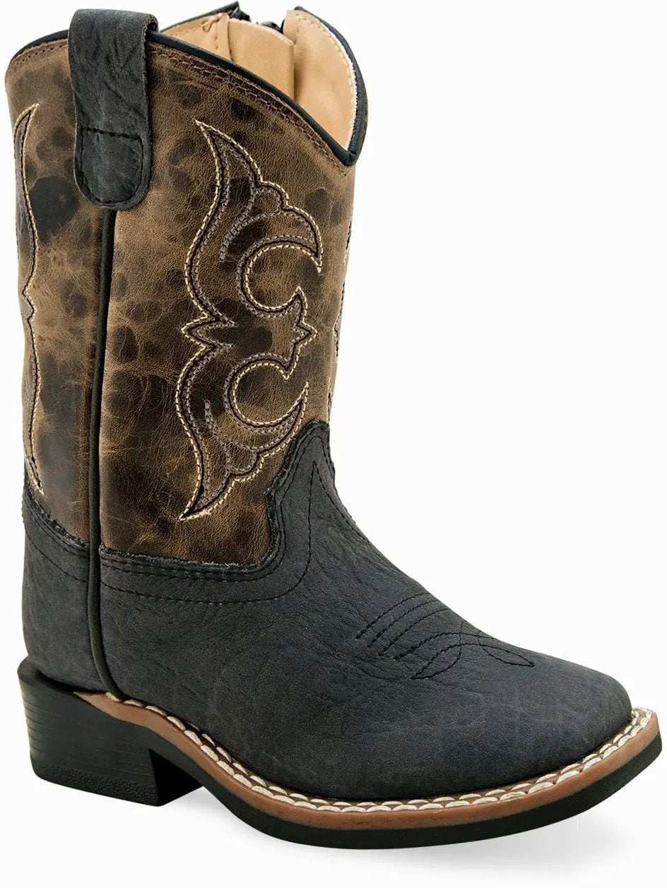 Old West Black Bull Hide Print Foot Cactus Brown Shaft Toddler's Broad Square Toe Boots - Old West - Flyclothing LLC