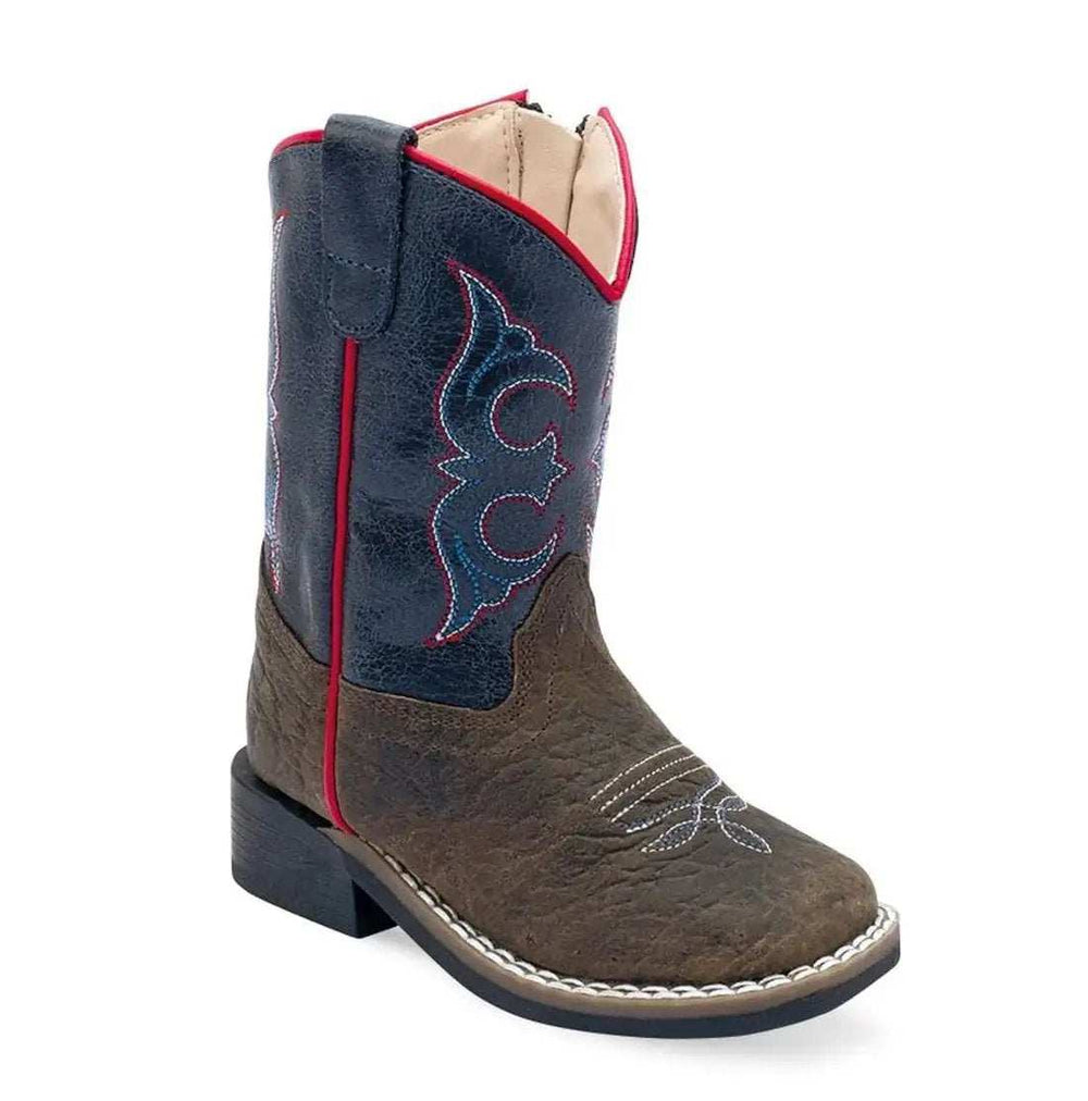Old West Toddlers Dark Brown Bull Hide Print Foot / Cactus Navy Shaft Boot BSI1969 - Old West - Flyclothing LLC