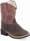 Old West Dark Brown Bull Hide Print Foot Light Pink Cactus Shaft Toddler's Broad Square Toe Boots - Old West - Flyclothing LLC