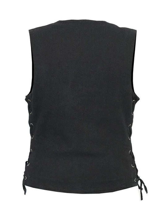 Amara - Ladies Black Denim Vest with Laces - GoLeather - Flyclothing LLC