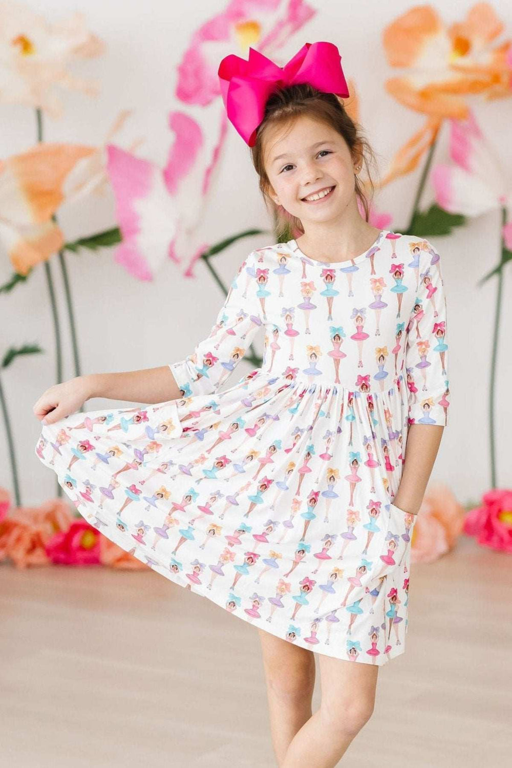 Ballerina Bows 3/4 Sleeve Pocket Twirl Dress - Mila & Rose ® - Flyclothing LLC