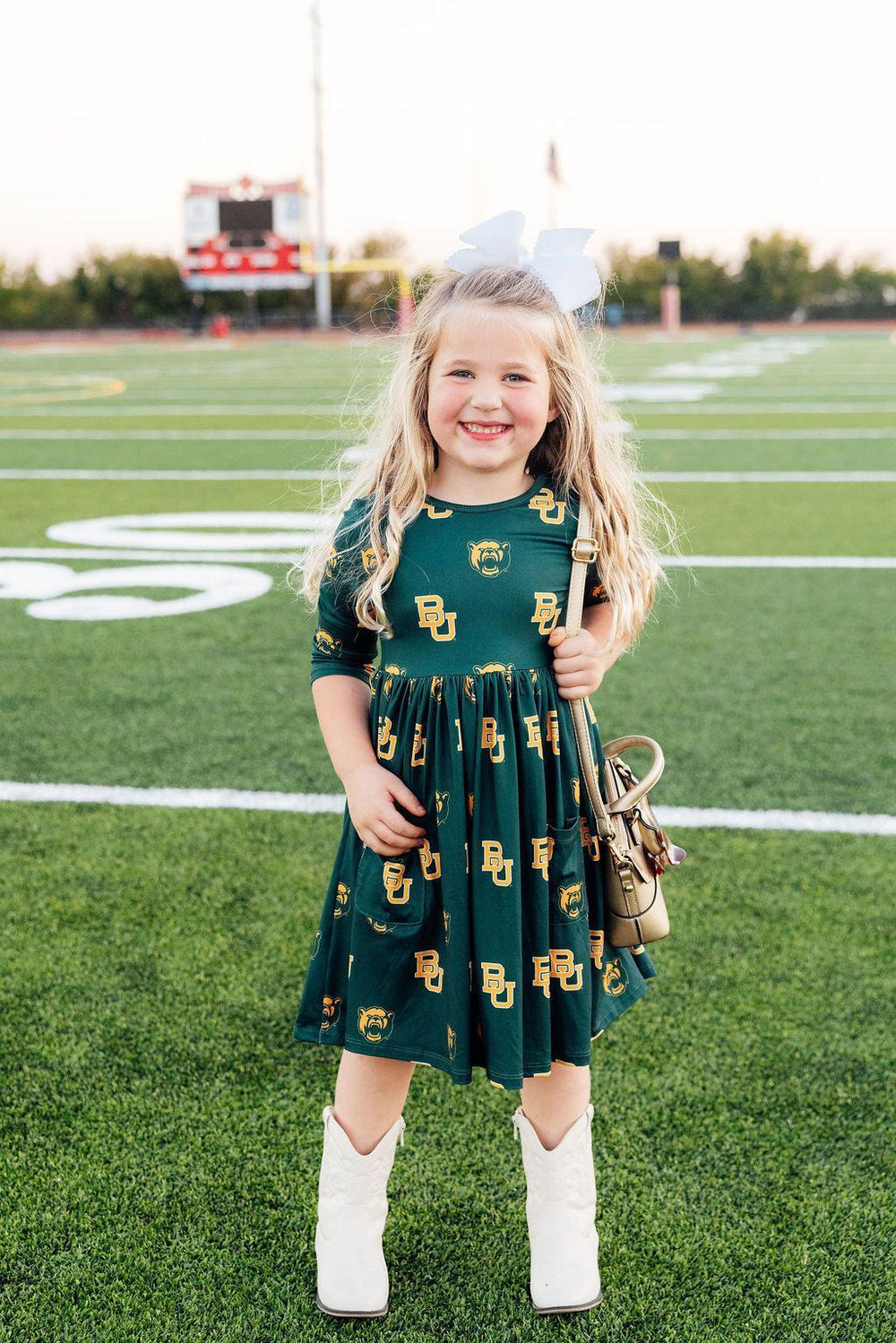 Baylor Green Bear 3/4 Sleeve Pocket Twirl Dress - Mila & Rose ® - Flyclothing LLC