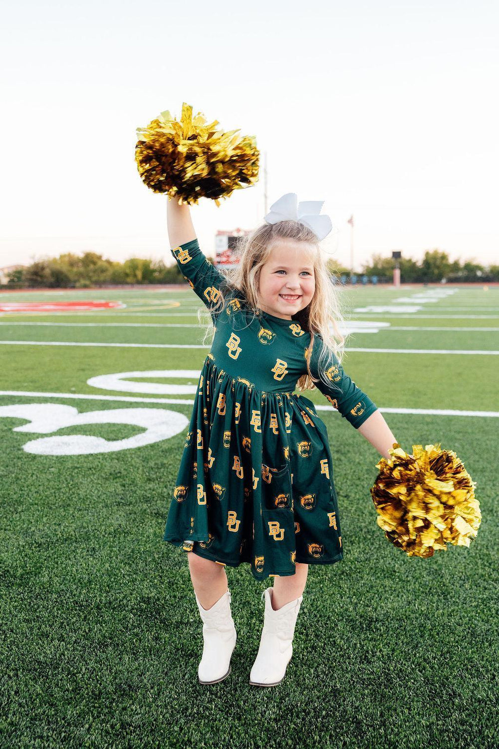 Baylor Green Bear 3/4 Sleeve Pocket Twirl Dress - Mila & Rose ® - Flyclothing LLC