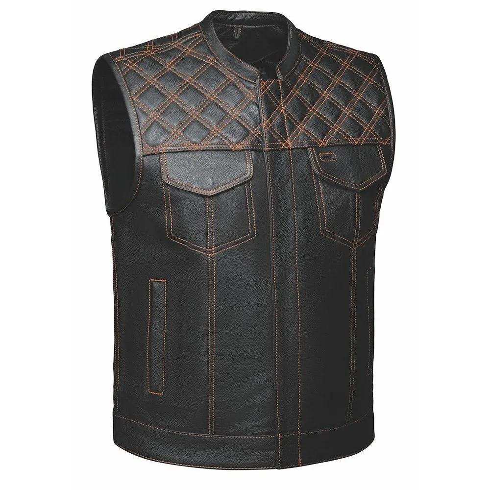Orange Diamond - Mens Premium Leather Diamond Stitch Club Vest - Unik Just for Bikers - Flyclothing LLC