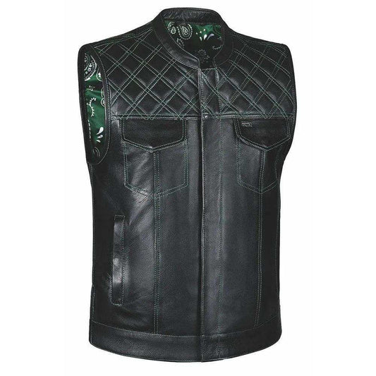 Green Diamond - Unik Mens Premium Leather Diamond Stitch Club Vest - Unik Just for Bikers - Flyclothing LLC