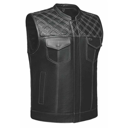 White Diamond - Mens Premium Leather Diamond Stitch Club Vest - Unik Just for Bikers - Flyclothing LLC