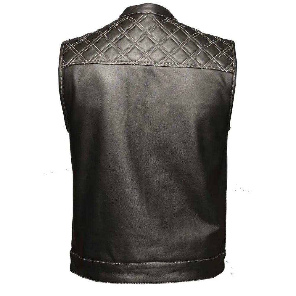 White Diamond - Mens Premium Leather Diamond Stitch Club Vest - Unik Just for Bikers - Flyclothing LLC
