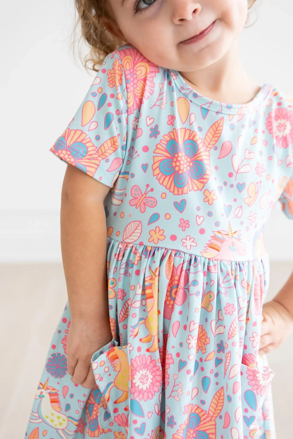 Blue Retro Unicorns S/S Pocket Twirl Dress - Mila & Rose ® - Flyclothing LLC