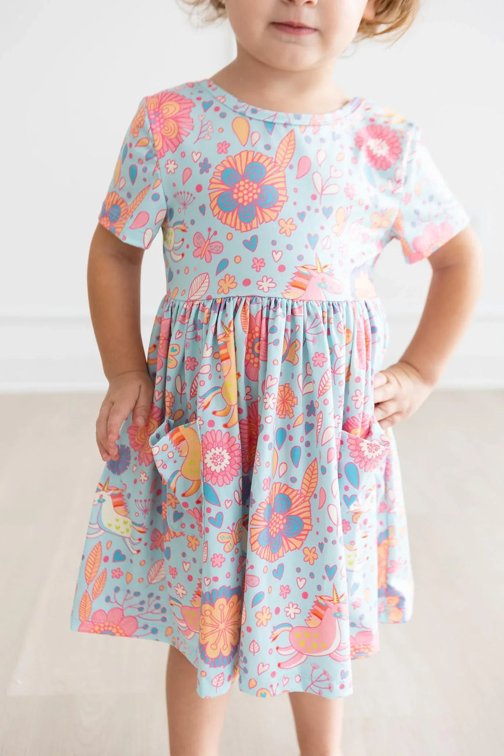 Blue Retro Unicorns S/S Pocket Twirl Dress - Mila & Rose ® - Flyclothing LLC