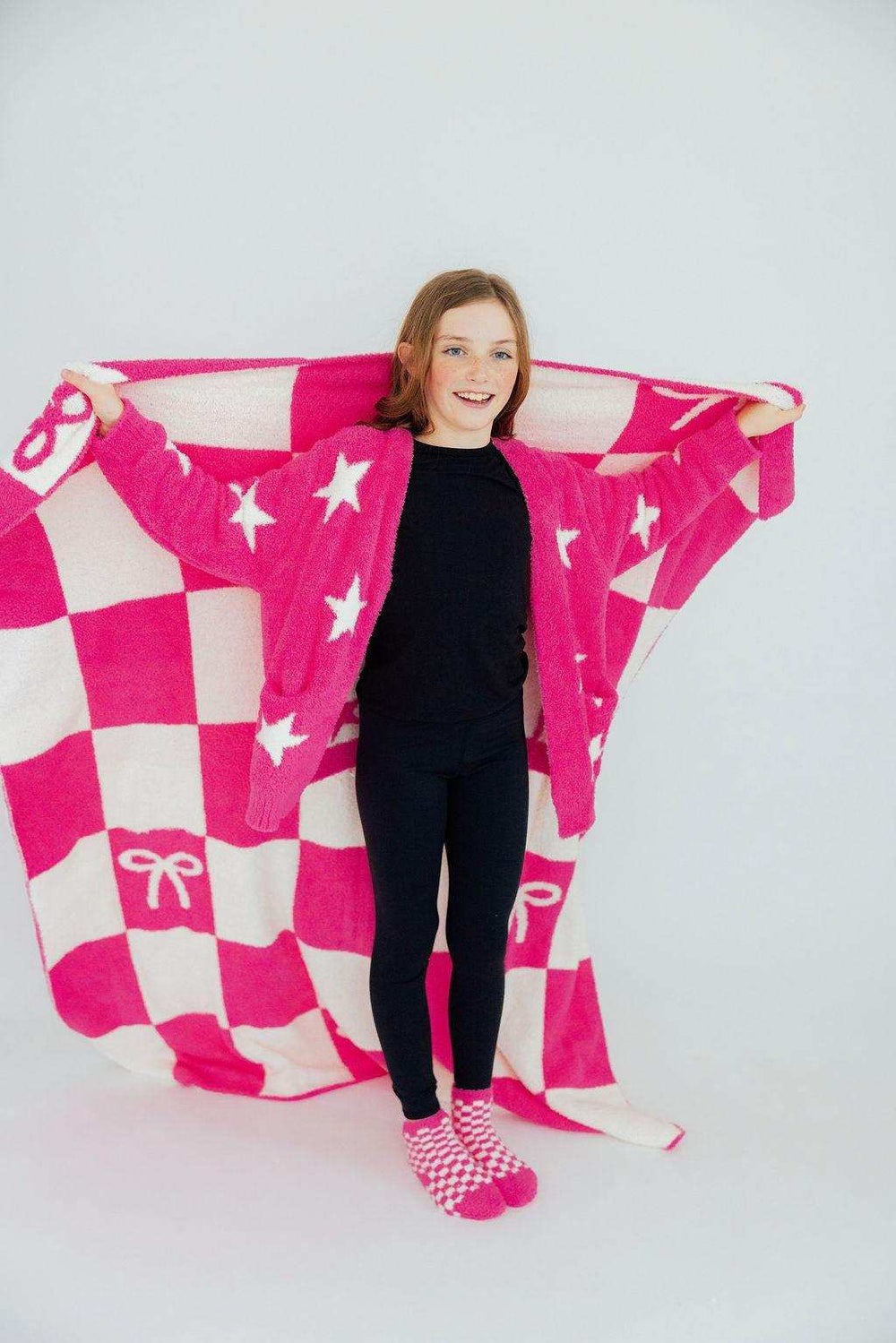 Bright Pink Checker Bow Cozy Blanket - Mila & Rose ® - Flyclothing LLC