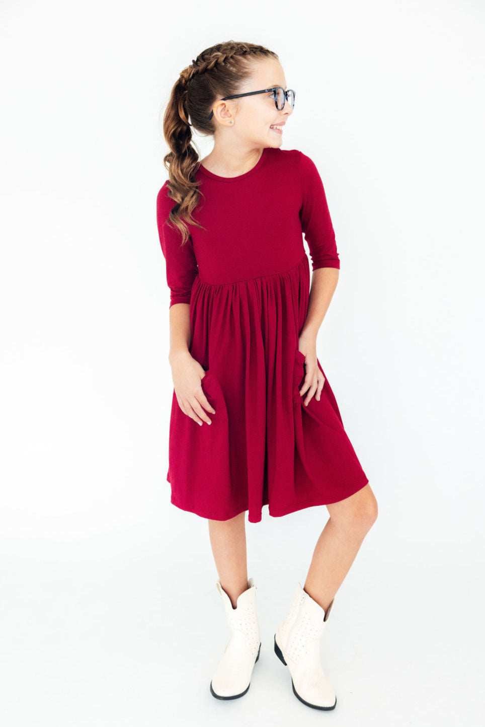 Burgundy 3/4 Sleeve Pocket Twirl Dress - Mila & Rose ® - Flyclothing LLC