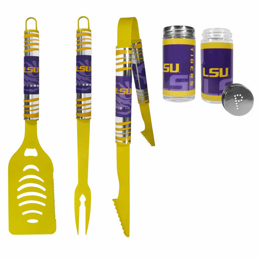 LSU Tigers 3pc Color BBQ Tools w/Salt & Pepper Shakers - LSU Tigers - Flyclothing LLC