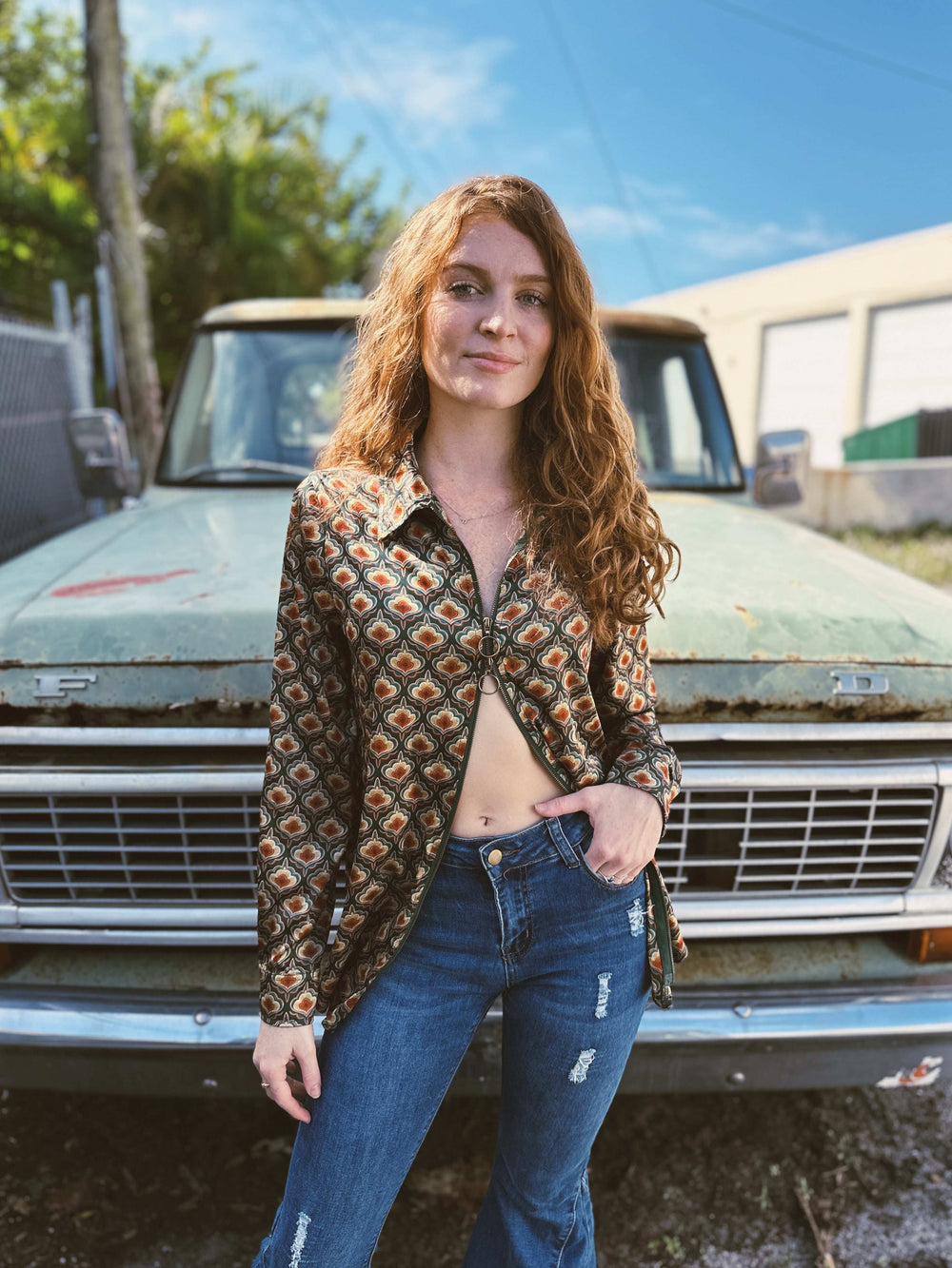 Vagabond Retro Green Tulip Zipper Front Blouse - Lil Bee's Bohemian - Flyclothing LLC