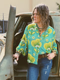 Casa Dega Mesh Balloon Sleeve Button Up Blouse