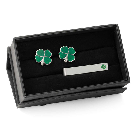 Green Clover Cufflinks and Tie Bar Gift Set - Cufflinks.com - Flyclothing LLC