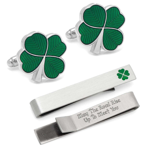 Green Clover Cufflinks and Tie Bar Gift Set - Cufflinks.com - Flyclothing LLC