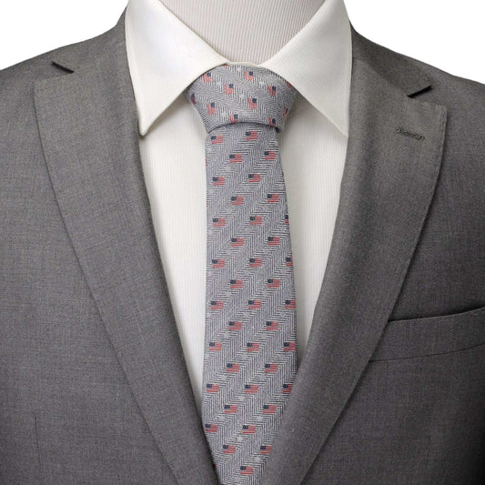 Light Gray Herringbone American Flag Men's Tie - Cufflinks.com - Flyclothing LLC