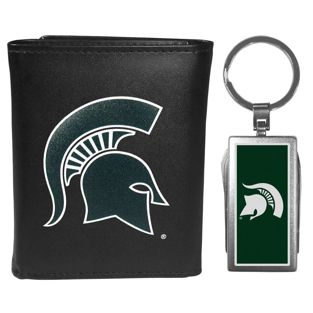 Michigan St. Spartans Leather Tri-fold Wallet & Multitool Key Chain, Black - Michigan St. Spartans - Flyclothing LLC
