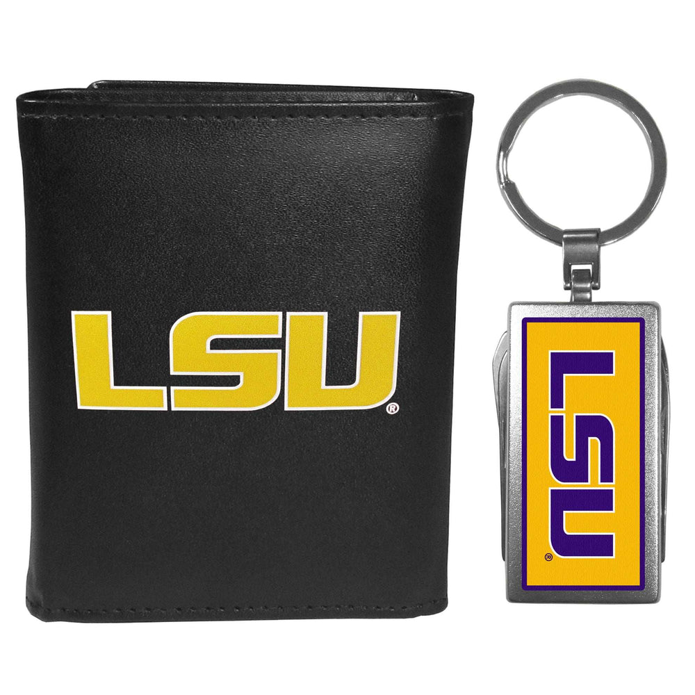 LSU Tigers Leather Tri-fold Wallet & Multitool Key Chain, Black - LSU Tigers - Flyclothing LLC